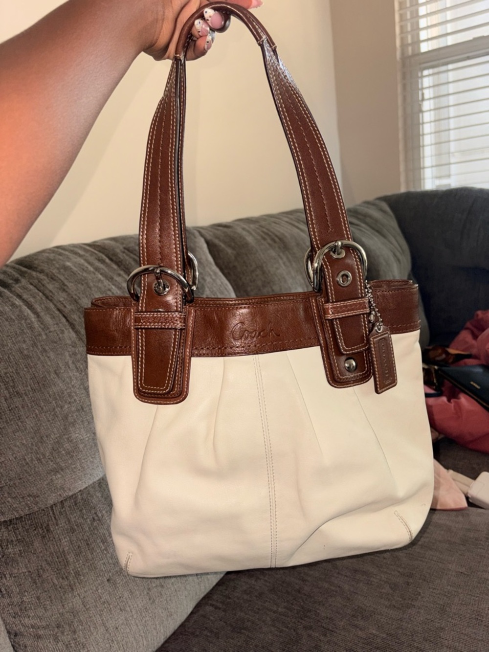 Coach Two-Tone Cream and Brown Leather Shoulder Bag